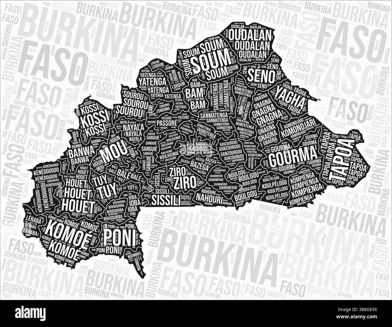 Les régions du Burkina Faso cartographient le nuage de mots. Burkina Faso noms des régions. Conception de carte en noir et blanc. Illustration vectorielle vibrante. Illustration de Vecteur