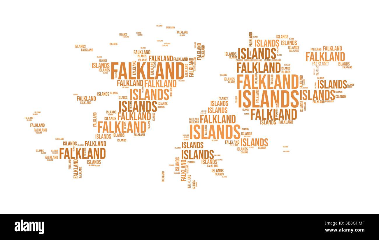 Nuage de mots des îles Falkland. Forme du pays avec division de région. Image de style typographie des îles Malouines. Nuages de balises de noms de région. Illustration de Vecteur