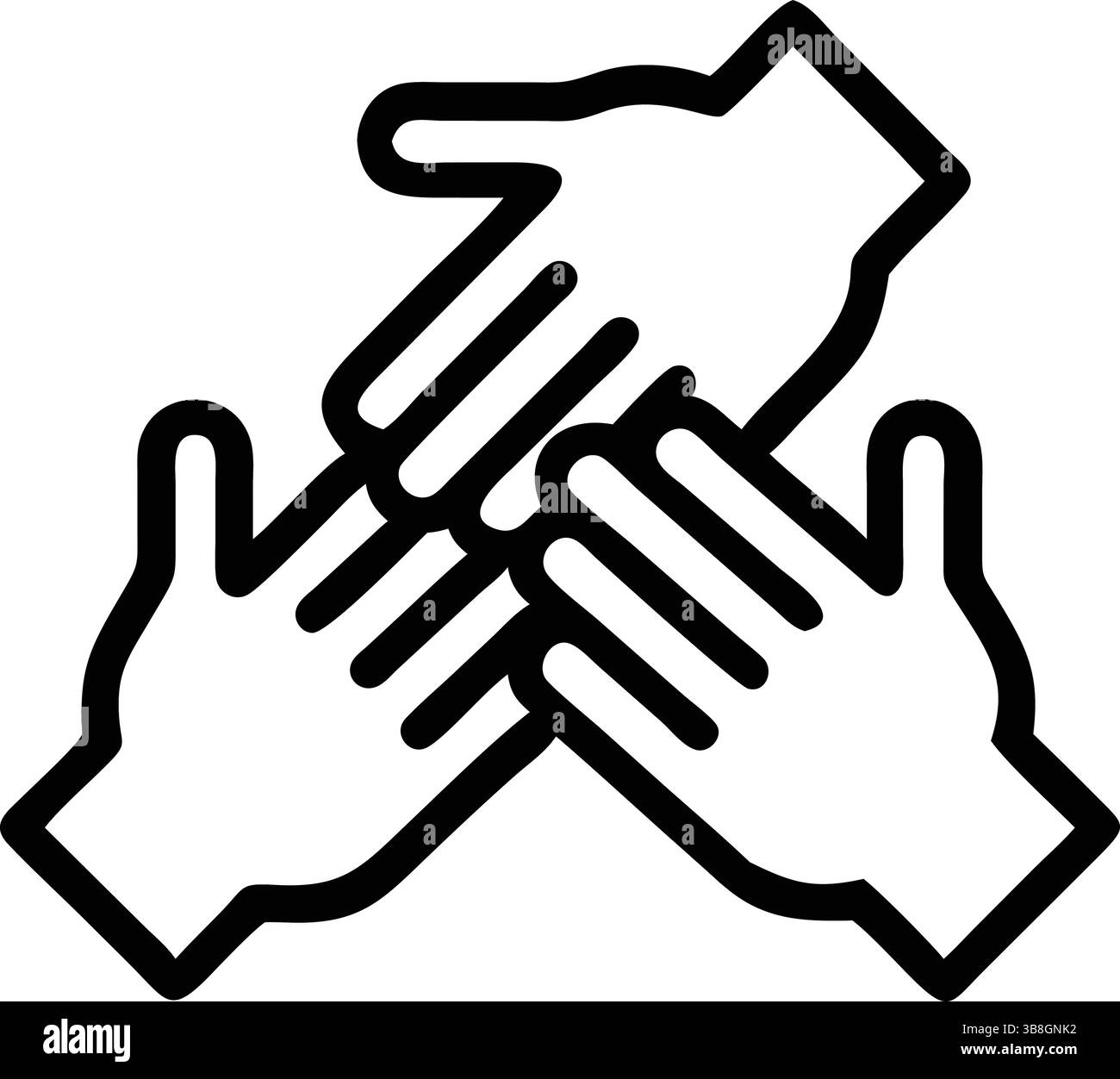 Minimaliste Black and White Line-Art illustration de trois mains se chevauchant en forme triangulaire symbolisant l'unité Illustration de Vecteur