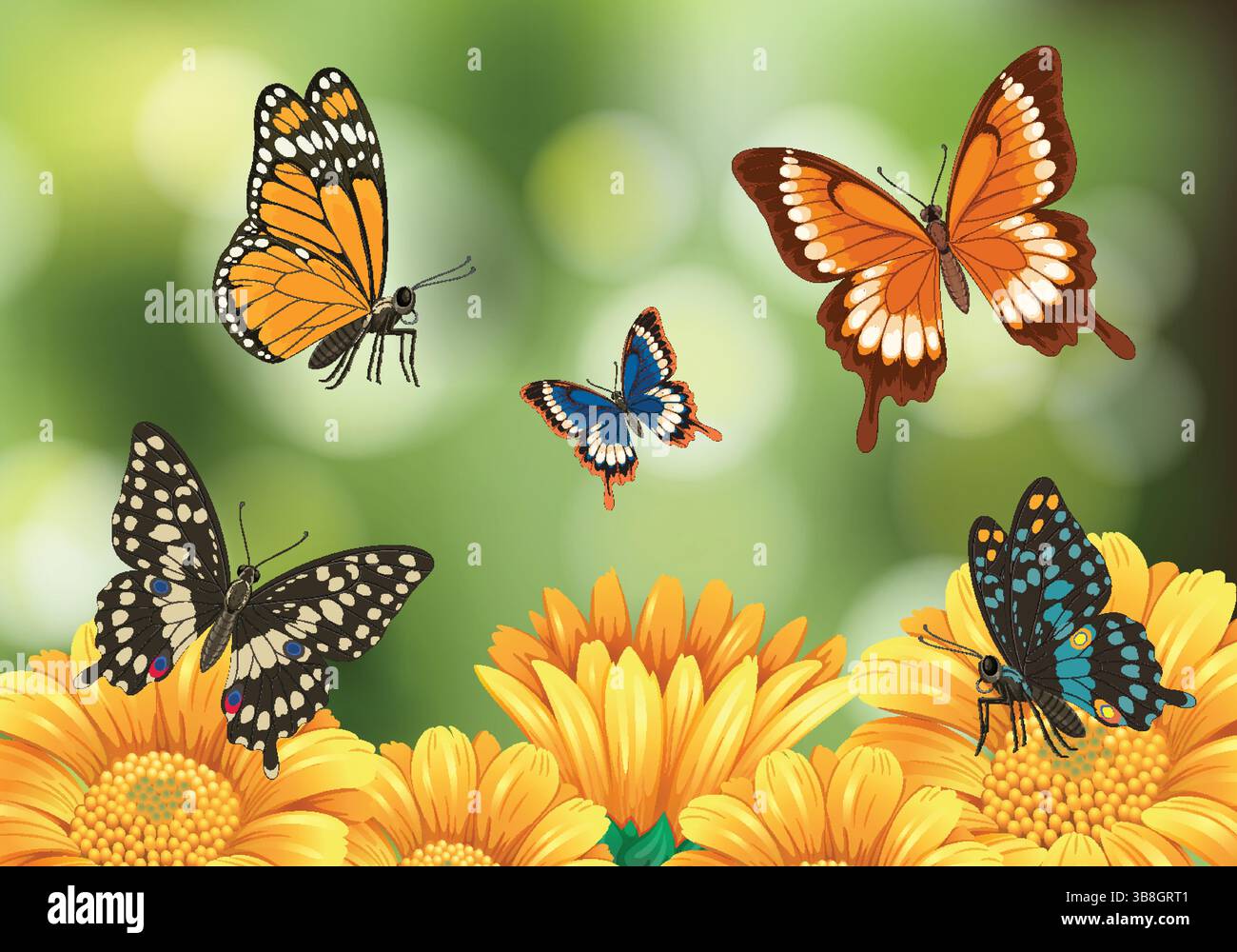 Les papillons colorés flottent au-dessus des tournesols brillants sur un fond vert flou, mettant en valeur des détails complexes et des couleurs vives Illustration de Vecteur