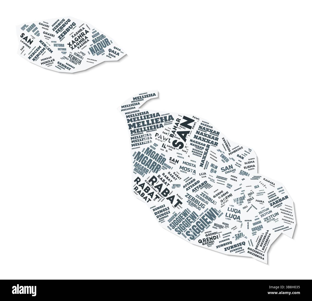 Nuage de texte de forme Malte. Frontière de pays avec ombre sur fond blanc. Malte avec division des régions dans le style vintage gazette. Illustration de Vecteur
