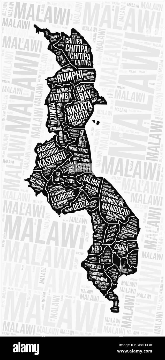 Les régions du Malawi cartographient le nuage de mots. Noms des régions du Malawi. Conception de carte en noir et blanc. Illustration vectorielle élégante. Illustration de Vecteur