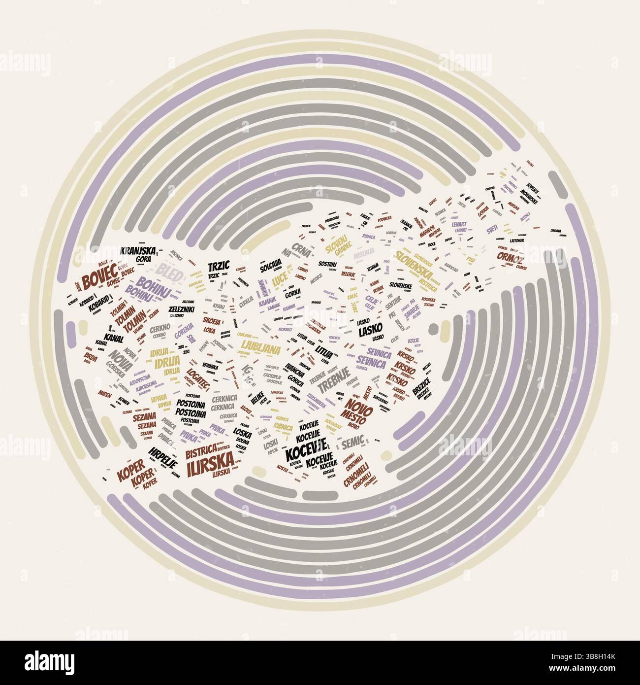 Affiche de la ronde de Slovénie. Image de style typographie du pays. Régions nuages de mots de Slovénie. Design d'image vintage avec texture de grattage. Illustration de Vecteur