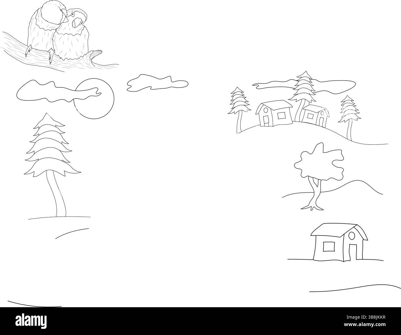 Illustration simple de dessin au trait de deux perroquets perchés sur une branche, avec un perroquet frottant affectueusement le cou de l'autre, symbolisant l'amour an Illustration de Vecteur