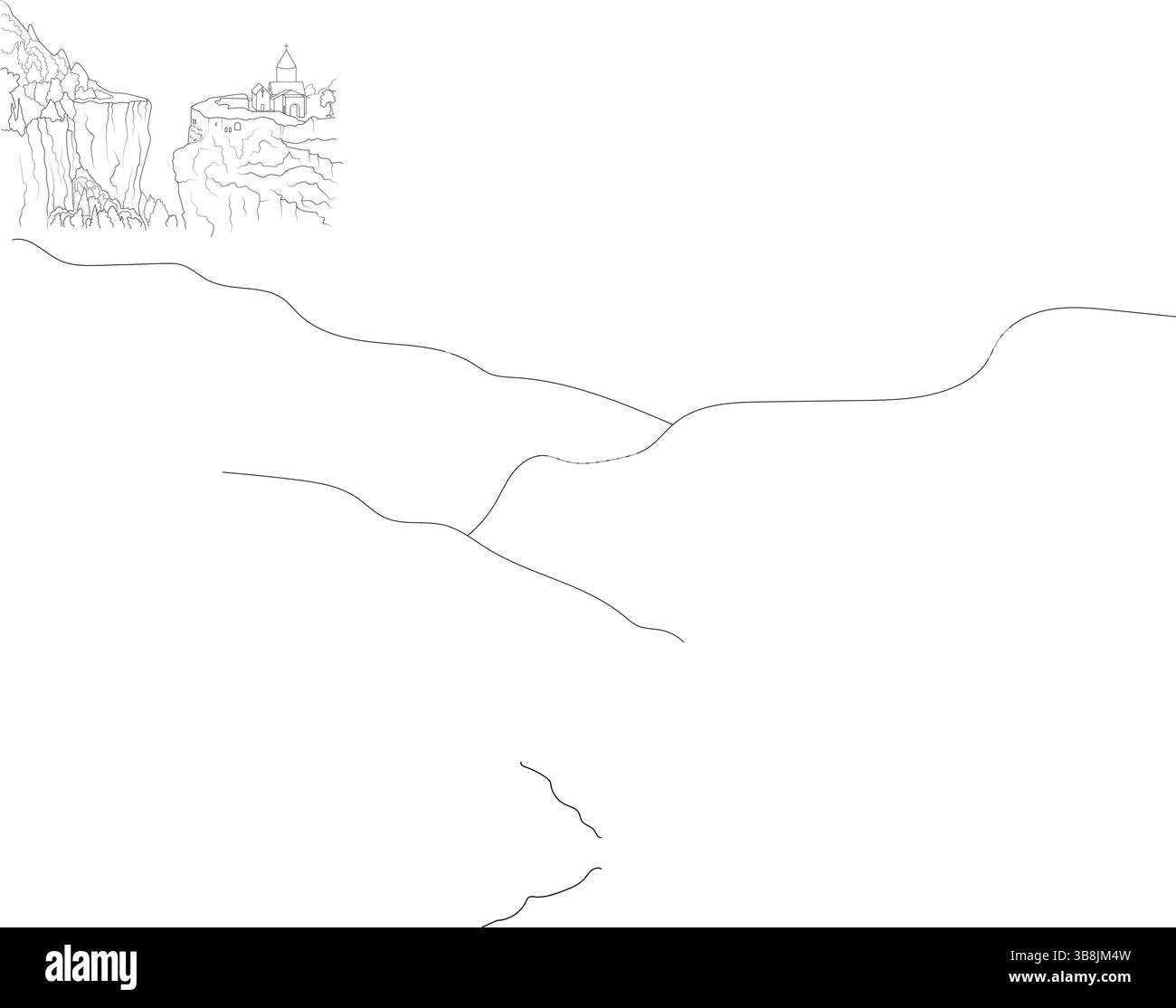 Illustration simple d'art au trait noir et blanc représentant un paysage montagneux spectaculaire avec des falaises abruptes, un canyon et un bâtiment ancien, probablement Illustration de Vecteur