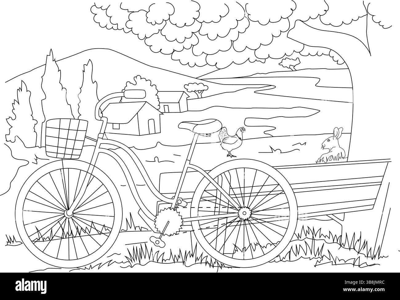Illustration d'art de ligne noir et blanc d'un vélo debout dans un paysage de campagne paisible avec des collines, des maisons, une rivière, des arbres, des nuages, a Illustration de Vecteur Illustration d'art de ligne noir et blanc d'un vélo debout dans un paysage de campagne paisible avec des collines, des maisons, une rivière, des arbres, des nuages, a Illustration de Vecteur