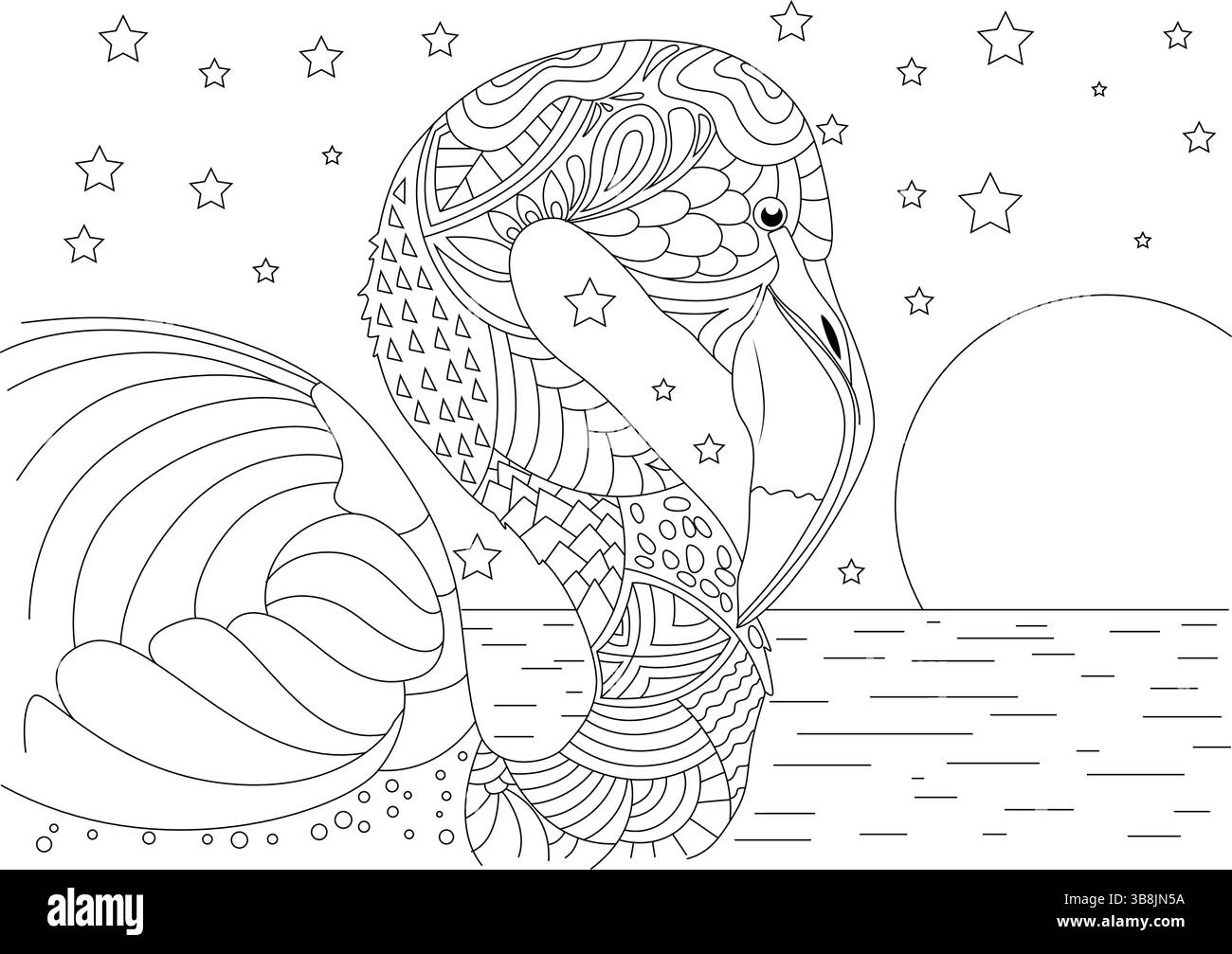 Magnifique croquis dessiné à la main d'un oiseau flamant rose avec des motifs complexes inspirés de Zentangle. Le dessin au trait représente un flamant rose gracieux avec Illustration de Vecteur