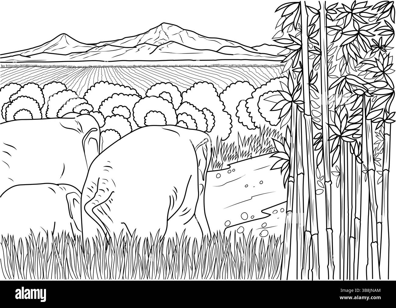 Un dessin au trait noir et blanc représente plusieurs éléphants qui paissent au premier plan, près d'un champ de canne à sucre s'étendant vers des montagnes lointaines Illustration de Vecteur
