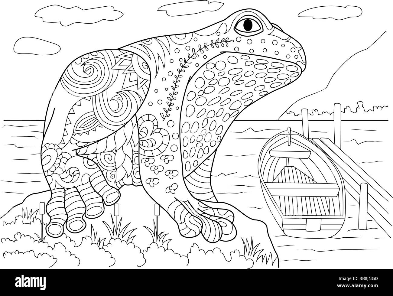 Illustration détaillée d'art au trait d'une grande grenouille avec des motifs zentangle complexes, assis paisiblement sur la rive à côté d'un quai en bois avec un boa Illustration de Vecteur