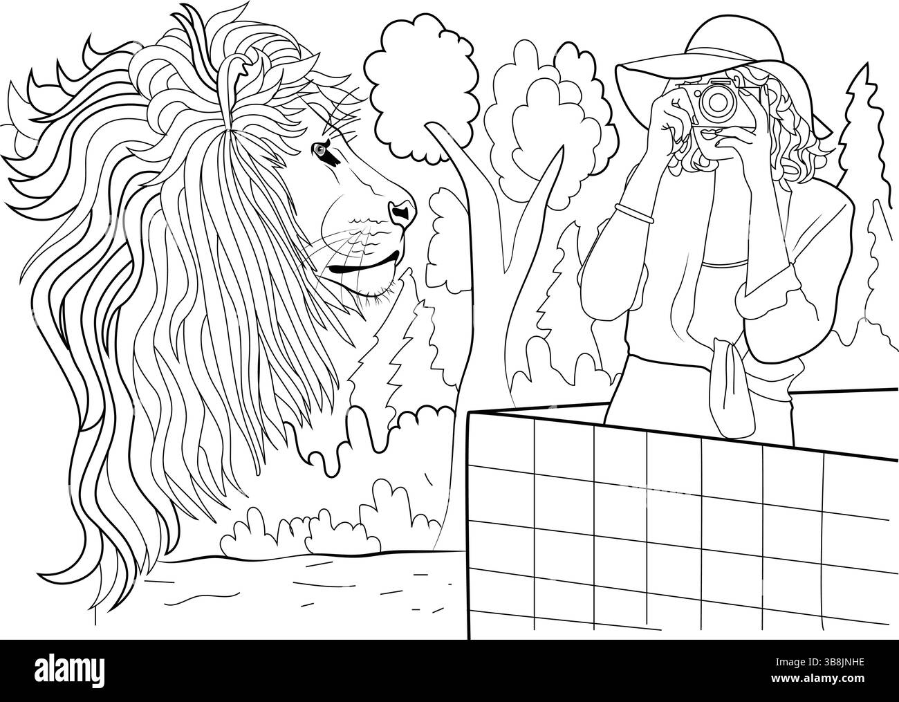 Illustration en noir et blanc représentant un touriste dans un chapeau prenant une photographie d'une tête de lion majestueuse avec un appareil photo, représentant la photographie de la faune Illustration de Vecteur
