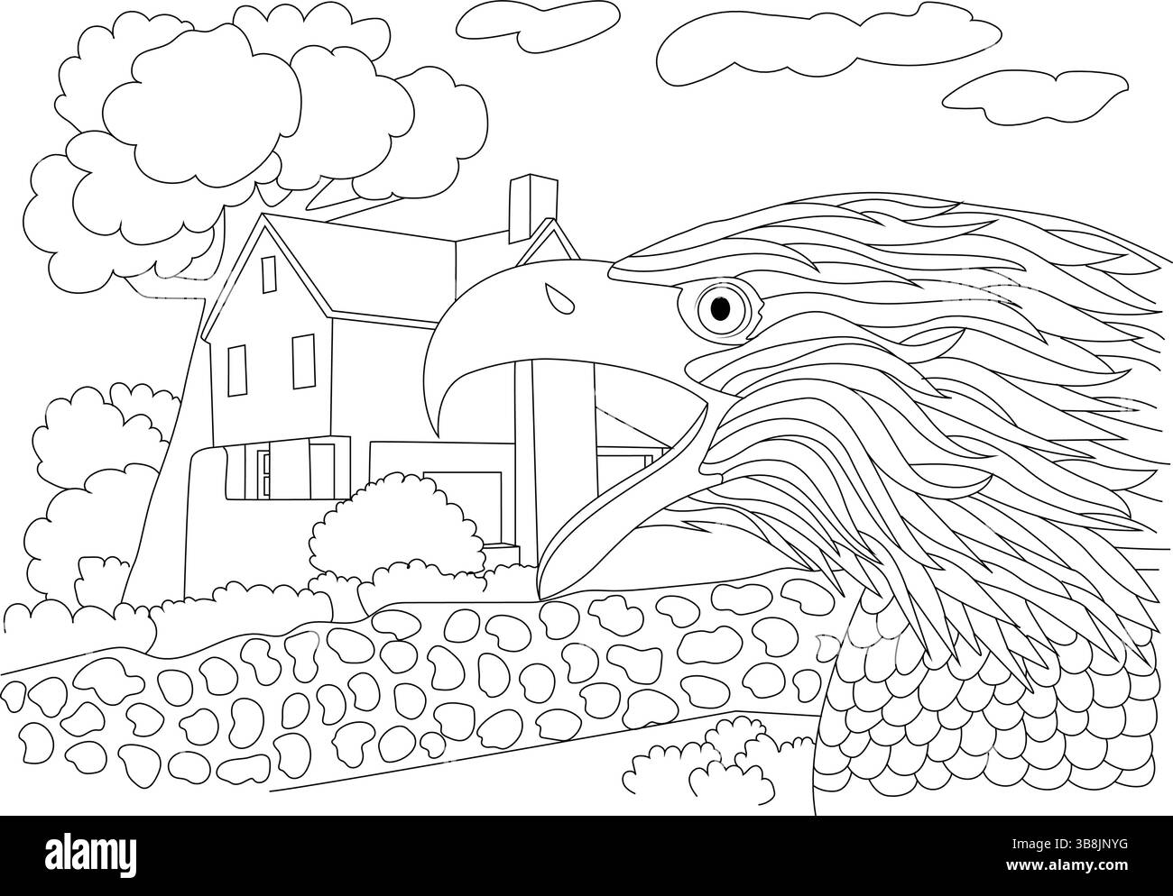Dessin de contour noir et blanc d'un majestueux oiseau de proie au premier plan, avec une maison, un mur de jardin, des buissons et des nuages en arrière-plan. Idéal a Illustration de Vecteur