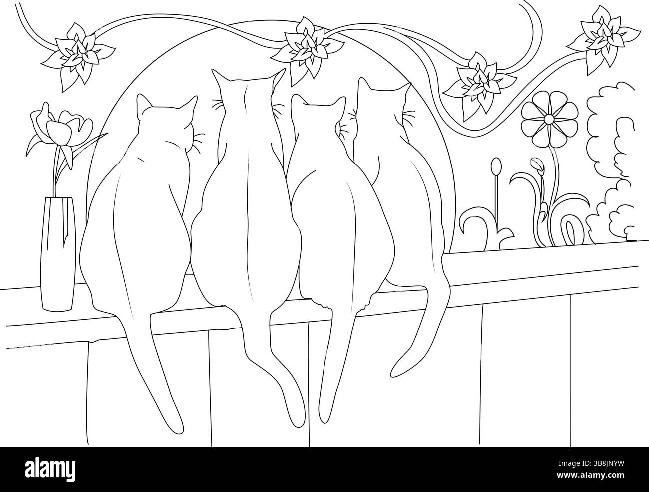 Simple dessin de ligne noir et blanc illustration de quatre chats assis côte à côte sur une limite ou un mur, regardant loin. Les caractéristiques comprennent des fleurs et f Illustration de Vecteur