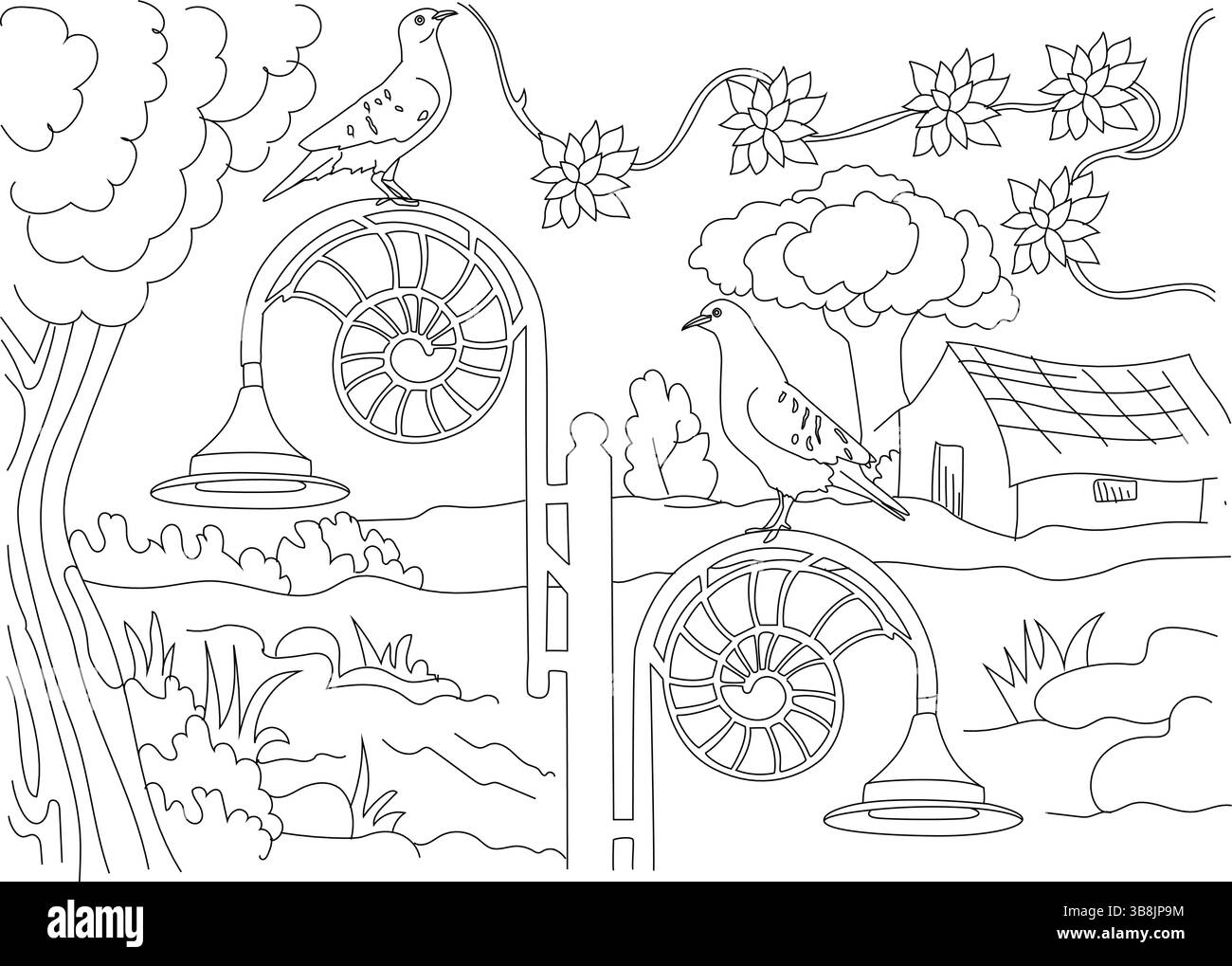 Illustration d'art au trait noir et blanc représentant deux colombes perchées sur des lampadaires décoratifs dans une scène extérieure avec une petite maison, des arbres, des nuages et f Illustration de Vecteur