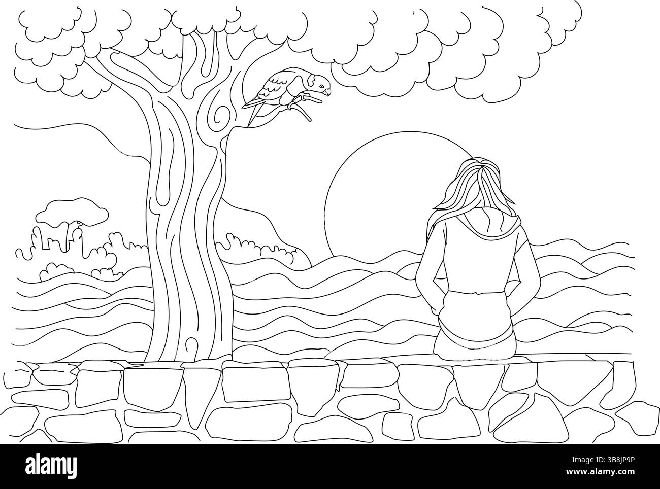 Illustration d'art au trait d'une fille assise seule sur un mur de pierre, regardant au-dessus d'une rivière calme ou de l'eau au coucher ou lever du soleil. Un arbre avec un oiseau est besi Illustration de Vecteur