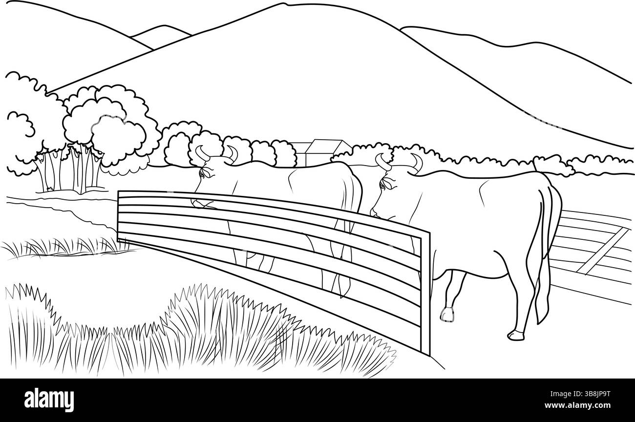 Dessin d'art au trait noir et blanc représentant deux vaches dans un paysage rural avec une clôture ou une porte, de l'herbe, des collines et un bâtiment en arrière-plan. Simple Illustration de Vecteur