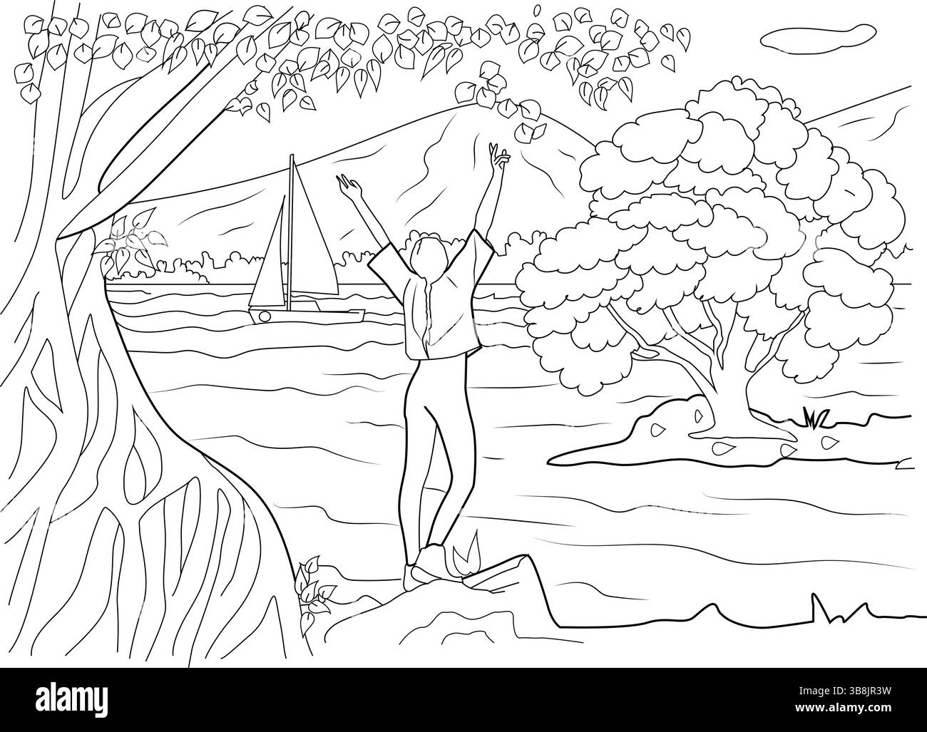 Illustration d'art de ligne noir et blanc d'une jeune femme ou fille avec les bras levés, debout sur un rocher au bord d'une rivière et profiter du paysage pittoresque avec Illustration de Vecteur