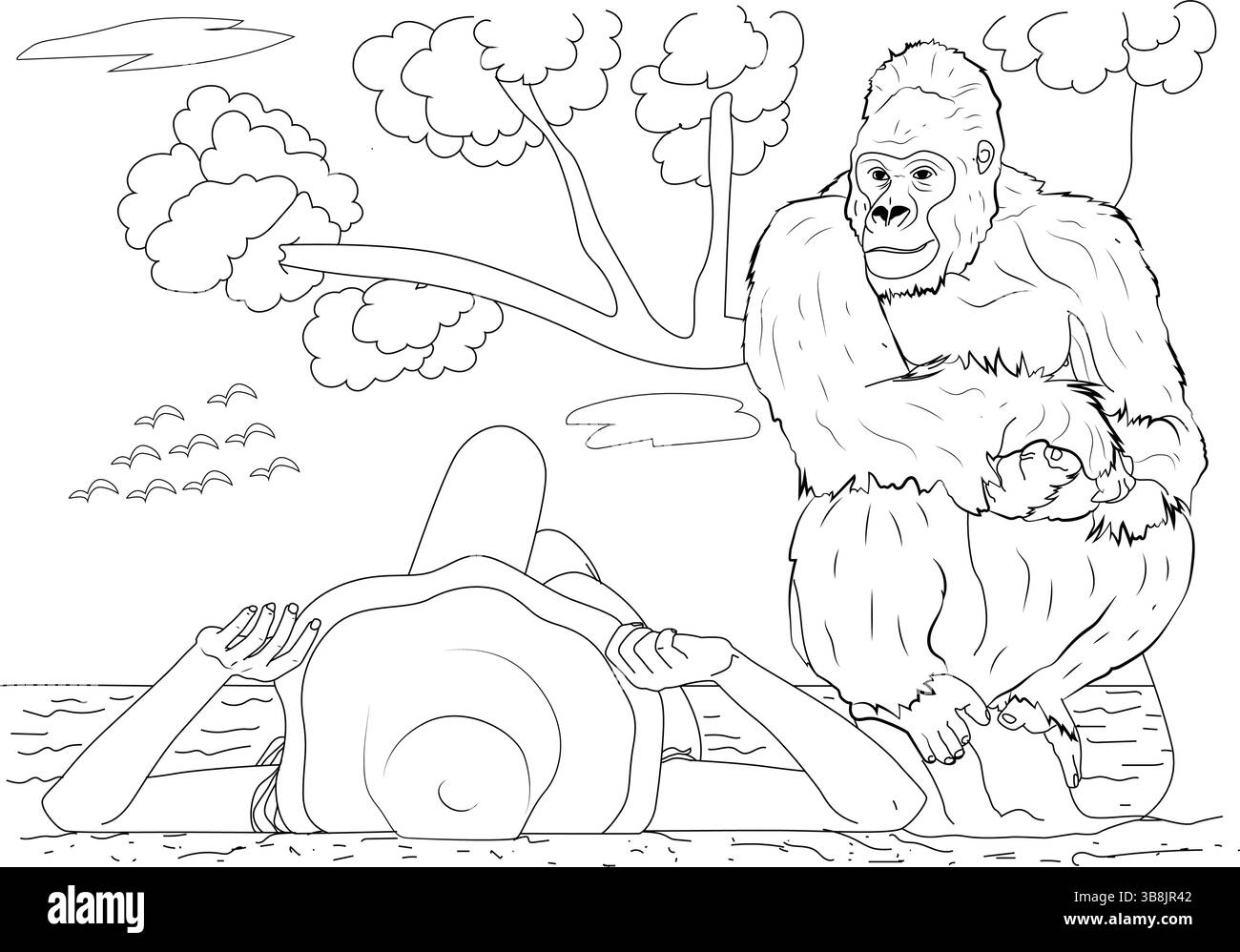 Dessin au trait noir et blanc pour la coloration, représentant une scène paisible avec un gorille et une fille se reposant ensemble dans un environnement naturel avec des arbres A. Illustration de Vecteur