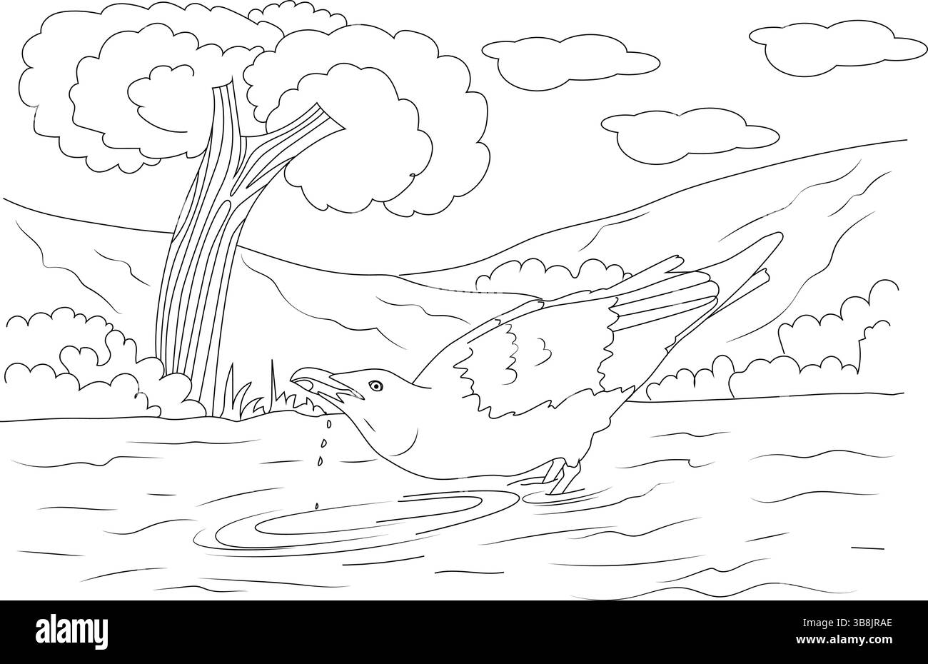 Illustration d'art de ligne noir et blanc représentant un oiseau mouette buvant l'eau d'une rivière dans un paysage naturel avec un arbre, des buissons, des collines et des nuages, Illustration de Vecteur