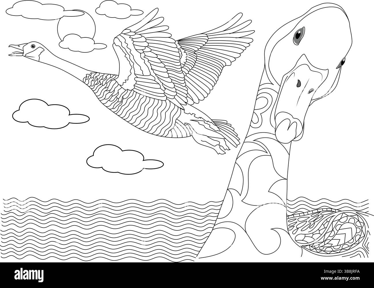 Dessin au trait noir et blanc représentant une oie en vol au-dessus de l'eau, avec des nuages dans le ciel et une tête de serpent détaillée au premier plan. Ce mal Illustration de Vecteur