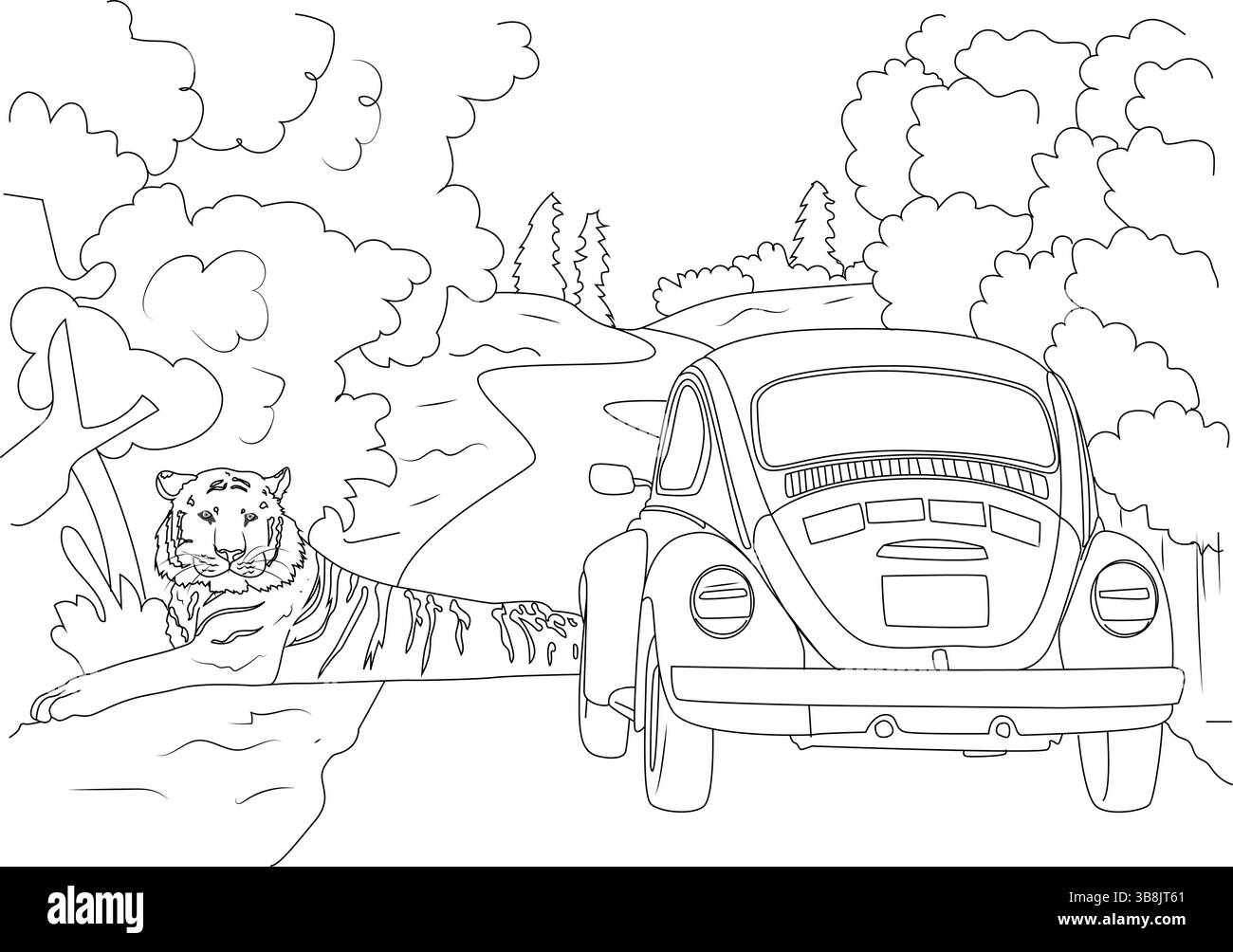 Illustration de contour noir et blanc parfait pour la coloration. Un tigre repose à côté d'une route dans un paysage de jungle ou de forêt, avec une betterave Volkswagen classique Illustration de Vecteur
