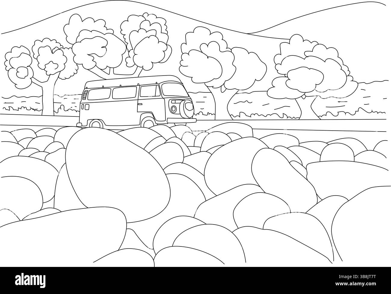 Illustration simple d'art au trait noir et blanc d'un autobus Volkswagen vintage garé sur le bord de la route avec des arbres, des collines et des rochers en arrière-plan. Idéal Illustration de Vecteur