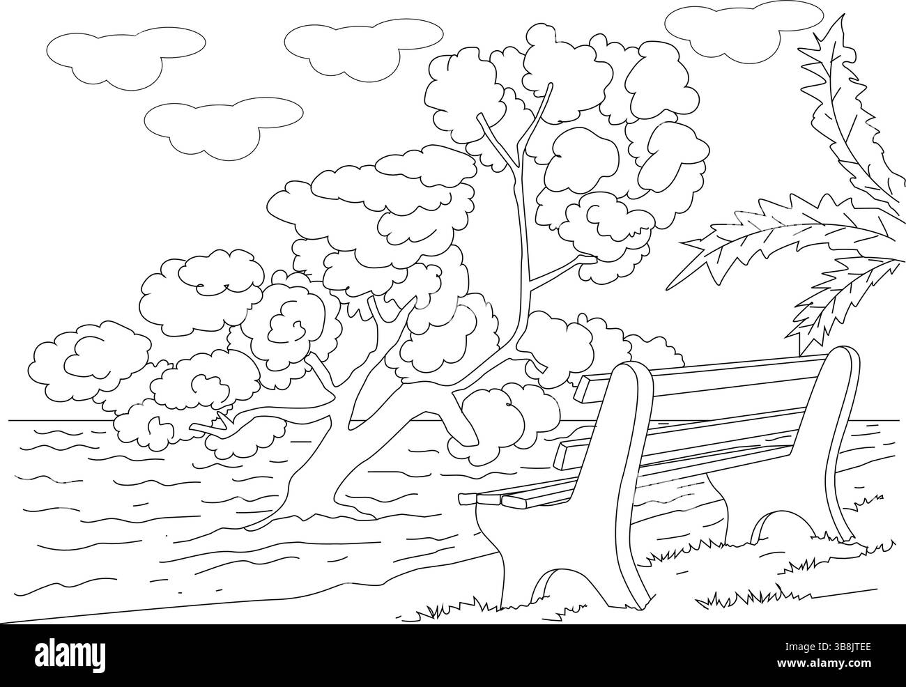 Dessin de contour noir et blanc d'un banc en bois situé au bord d'une rivière ou d'un lac, sous un grand arbre avec des nuages dans le ciel. Idéal pour colo Illustration de Vecteur