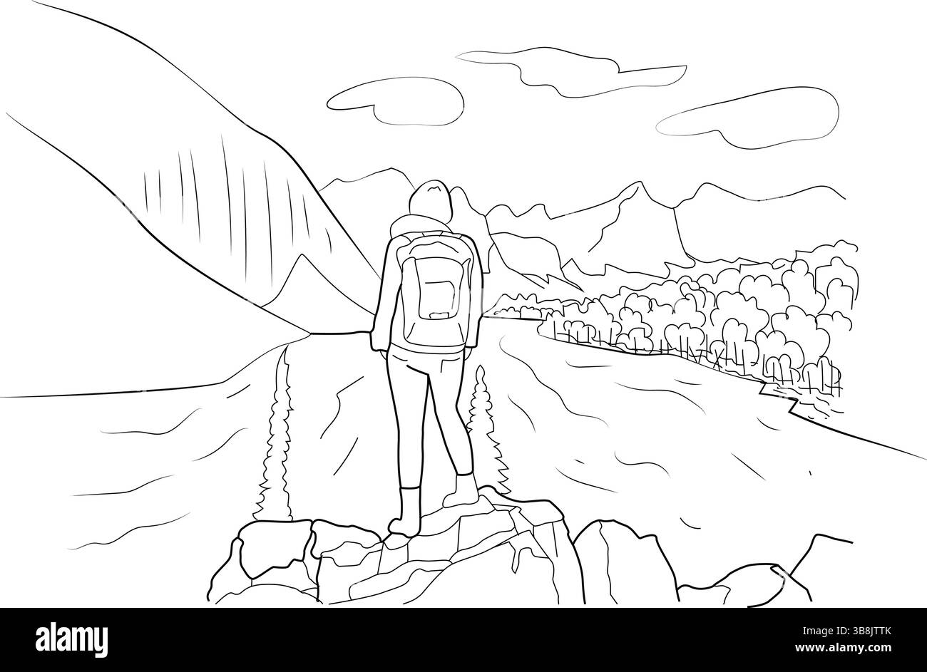 Illustration au trait d'un touriste avec un sac à dos debout sur des rochers, regardant les collines, les montagnes, les arbres, le ciel et les nuages en arrière-plan. Illustration de Vecteur