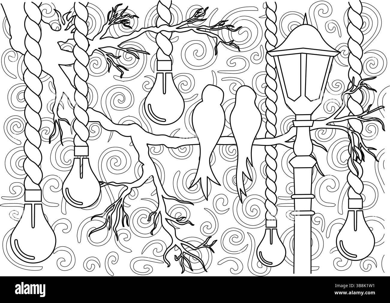 Une illustration détaillée d'art au trait noir et blanc représentant deux oiseaux perchés sur une branche ornée d'ampoules suspendues et d'un lampadaire, All Set ag Illustration de Vecteur