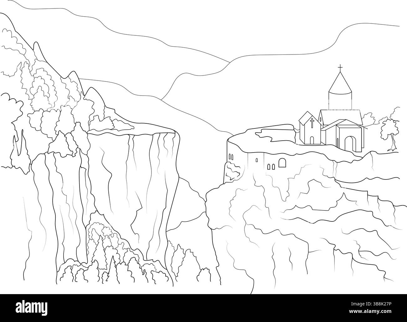 Illustration simple d'art au trait noir et blanc représentant un paysage montagneux spectaculaire avec des falaises abruptes, un canyon et un bâtiment ancien, probablement Illustration de Vecteur