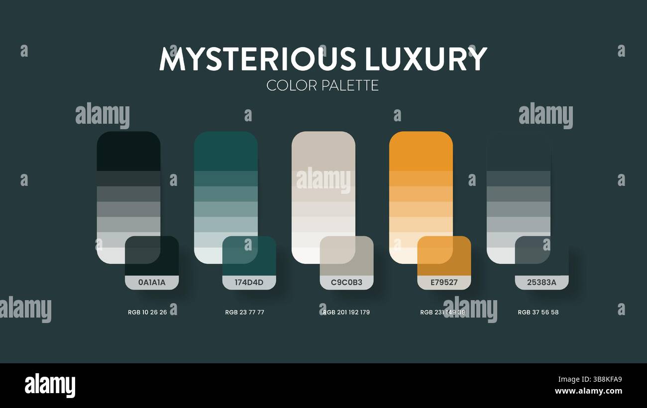Guide de palette de couleurs dans les mystérieuses collections de thèmes de couleurs. Inspiration de couleur ou graphique avec modèle de codes. Combinaison de couleurs RVB. Nuances de couleurs pour Illustration de Vecteur