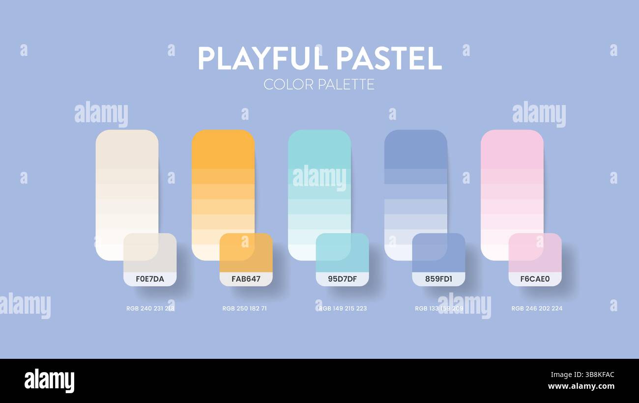 Guide de palette de couleurs dans les collections ludiques de thèmes de couleurs pastel. Inspiration de couleur ou graphique avec modèle de codes. Combinaison de couleurs RVB. Nuances de couleurs Illustration de Vecteur
