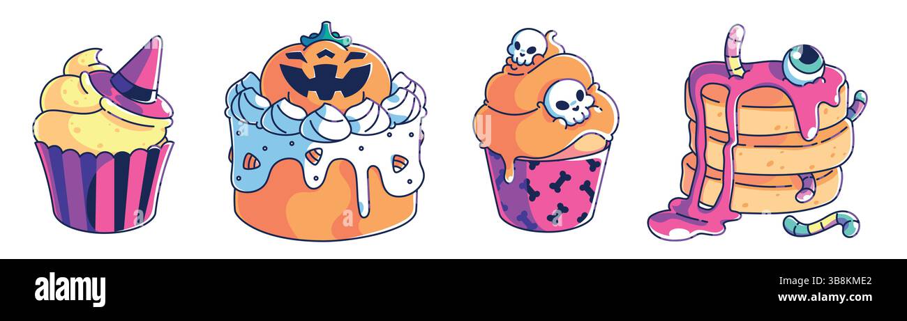 Autocollants de dessert Kawaii Halloween - gâteau à la citrouille mignon jack-o-lanterne, cupcake avec crème fouettée et chapeau de sorcière, saupoudrés drôles de muffin crâne, crêpes avec du ver et de la gelée pour les yeux. gâteries de vacances effrayantes. Illustration de Vecteur