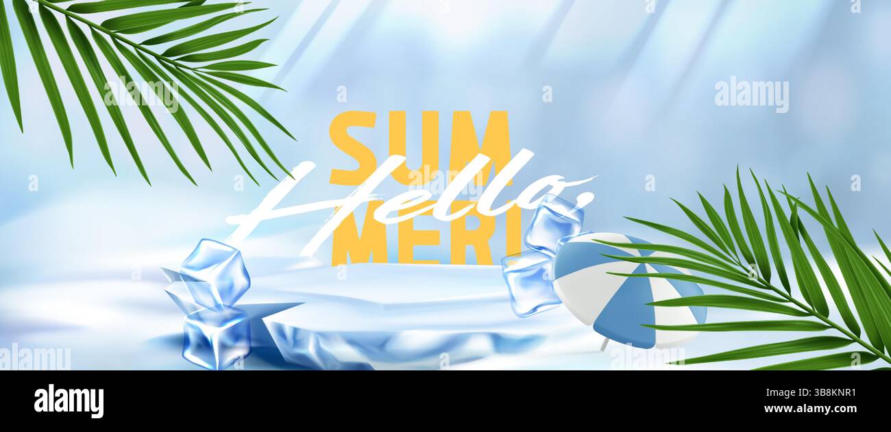 Composition du podium d'été congelé - glaçons réalistes et piédestaux sur fond bleu décoré de feuilles de palmier tropical vert. Lettrage jaune vif Hello Summer pour les promotions saisonnières. Illustration de Vecteur