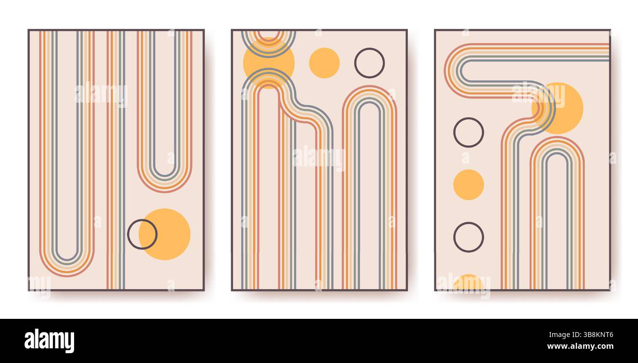 Compositions de voûte rayée arc-en-ciel - collection rétro d'impressions d'affiches vectorielles couleur des années 70. Lignes géométriques, cercles, arcs combinés dans des arrière-plans artistiques abstraits. Modèles d'art mural boho dans des tons chauds. Illustration de Vecteur