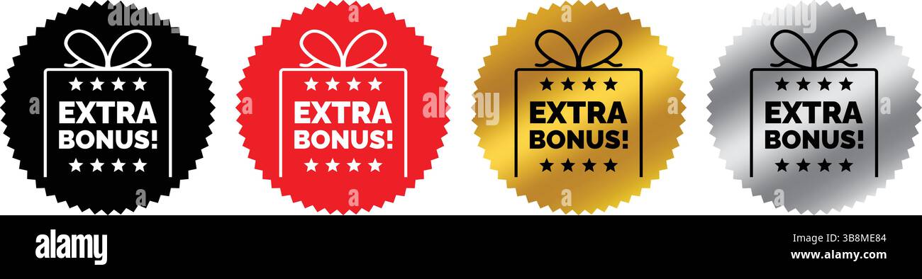 ensemble de quatre badges bonus supplémentaires circulaires avec icônes de boîte cadeau en noir, rouge, or et argent, utilisés pour les ventes, promotions et offres spéciales Illustration de Vecteur
