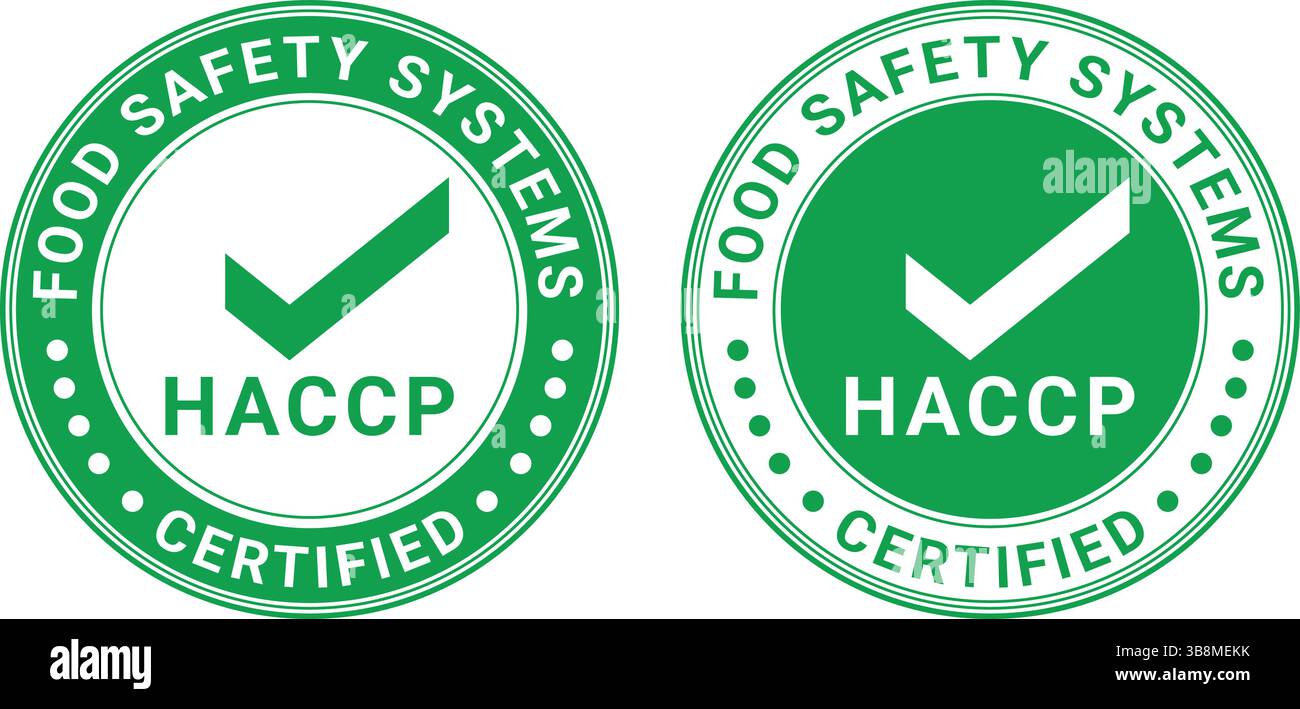 Badges verts certifiés HACCP avec icône de coche et texte des systèmes de sécurité alimentaire, utilisés pour l'étiquetage d'hygiène et de contrôle qualité dans les emballages alimentaires Illustration de Vecteur