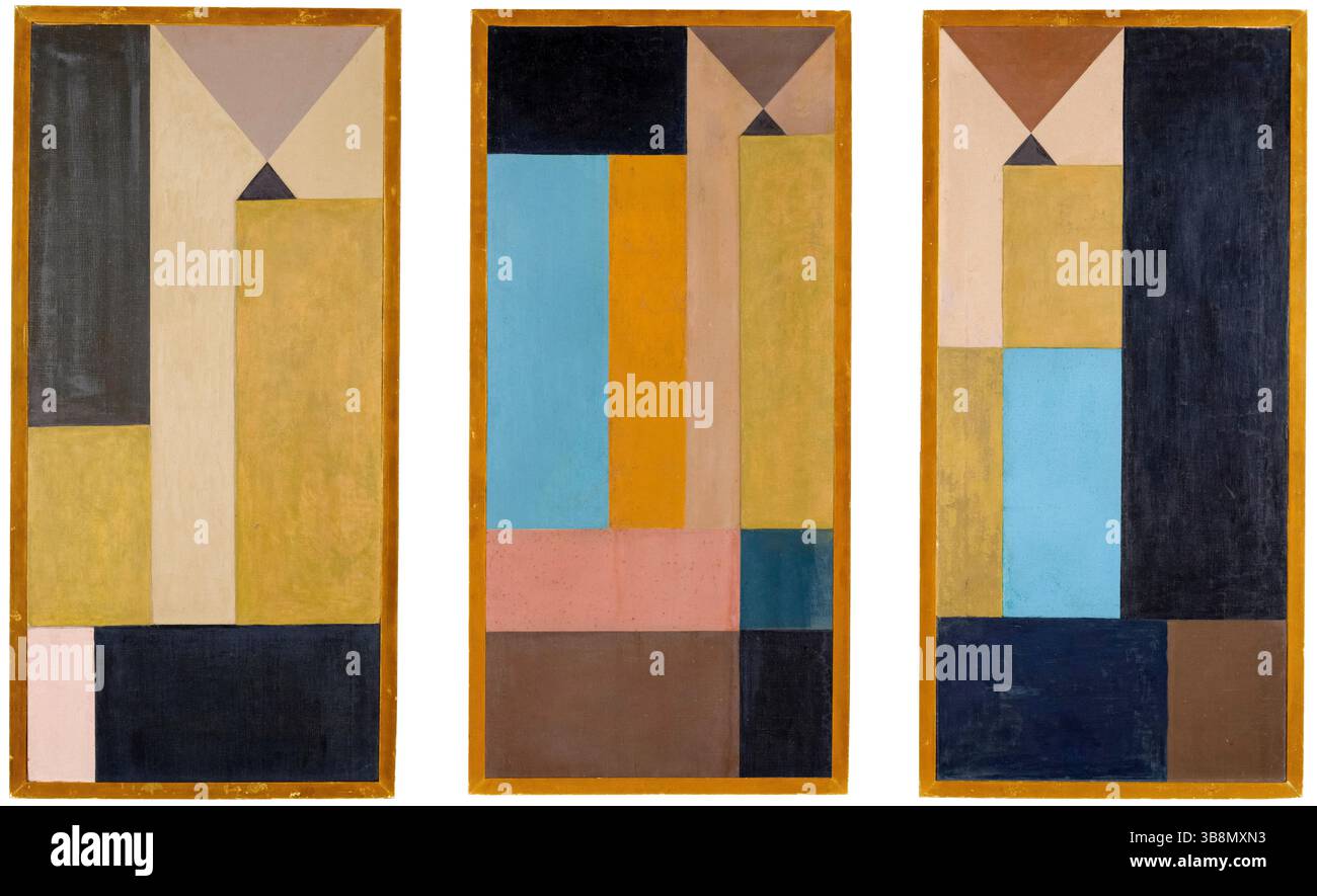 Sophie Taeuber-Arp, Triptyque : composition verticale-horizontale avec triangles réciproques, peinture abstraite à l'huile et peinture métallisée sur toile, montée sur panneau dur, vers 1918 Banque D'Images