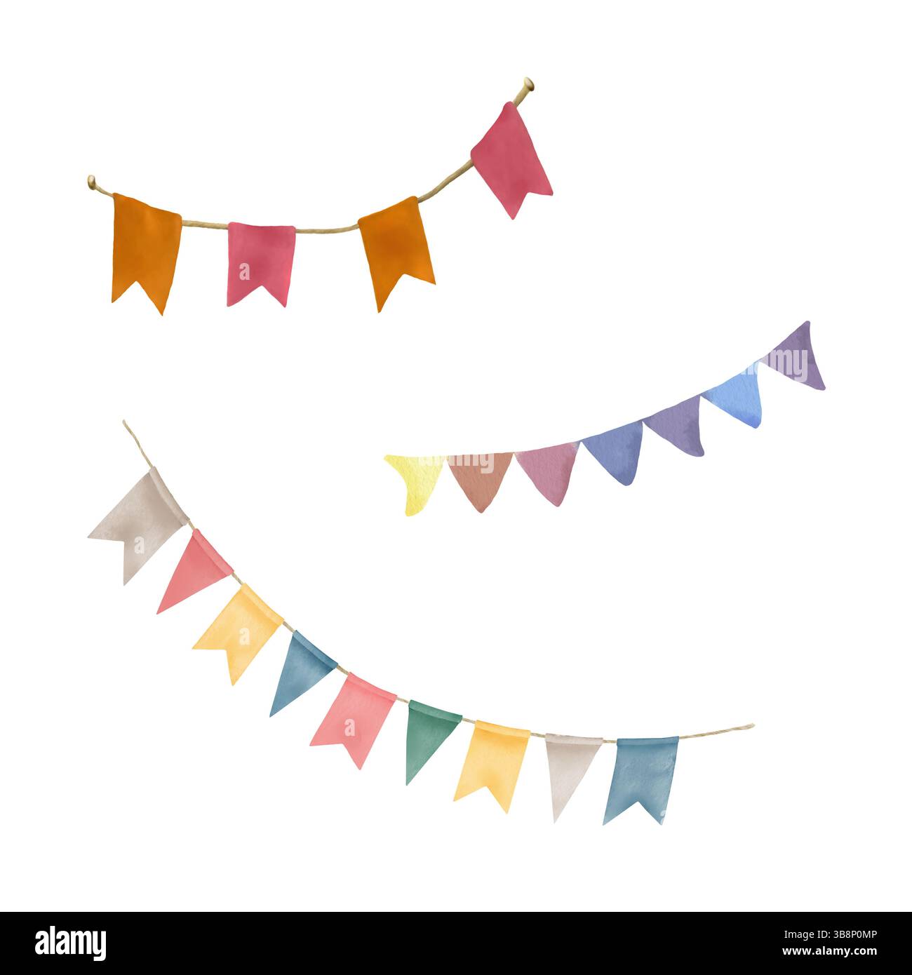 Drapeaux colorés drôles. Illustration aquarelle. Guirlande festive pour les vacances, isolée sur fond blanc. Pour cartes postales, autocollants, textiles, des Banque D'Images