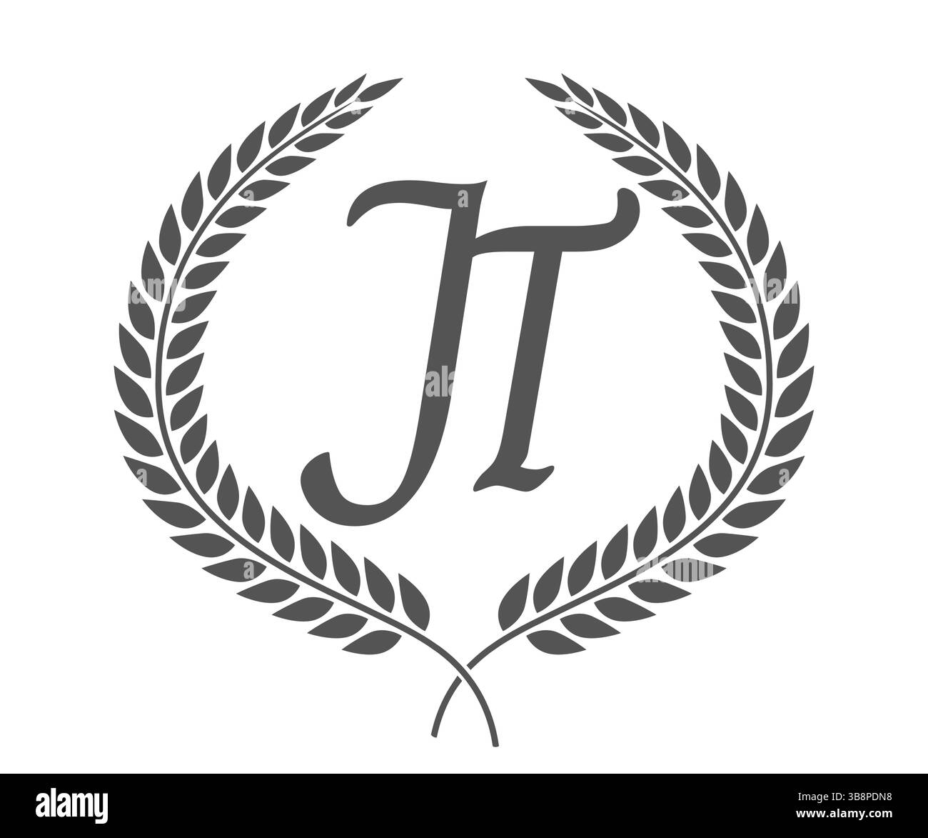 Lettre initiale J et T, logo monogramme JT avec couronne de laurier. Emblème de luxe avec police calligraphie. Illustration de Vecteur
