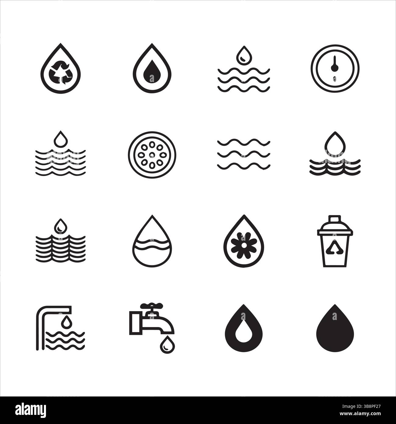 Icône eau définie . Collection d'icônes de gouttes d'eau ,16 icônes en noir et blanc représentant différents types d'eau. Illustration de Vecteur