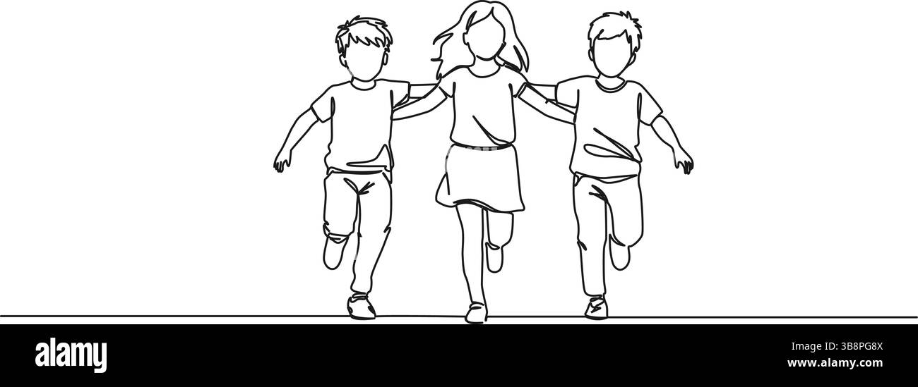 dessin en ligne simple continu de trois enfants joyeux courant ensemble, illustration vectorielle d'art au trait Illustration de Vecteur