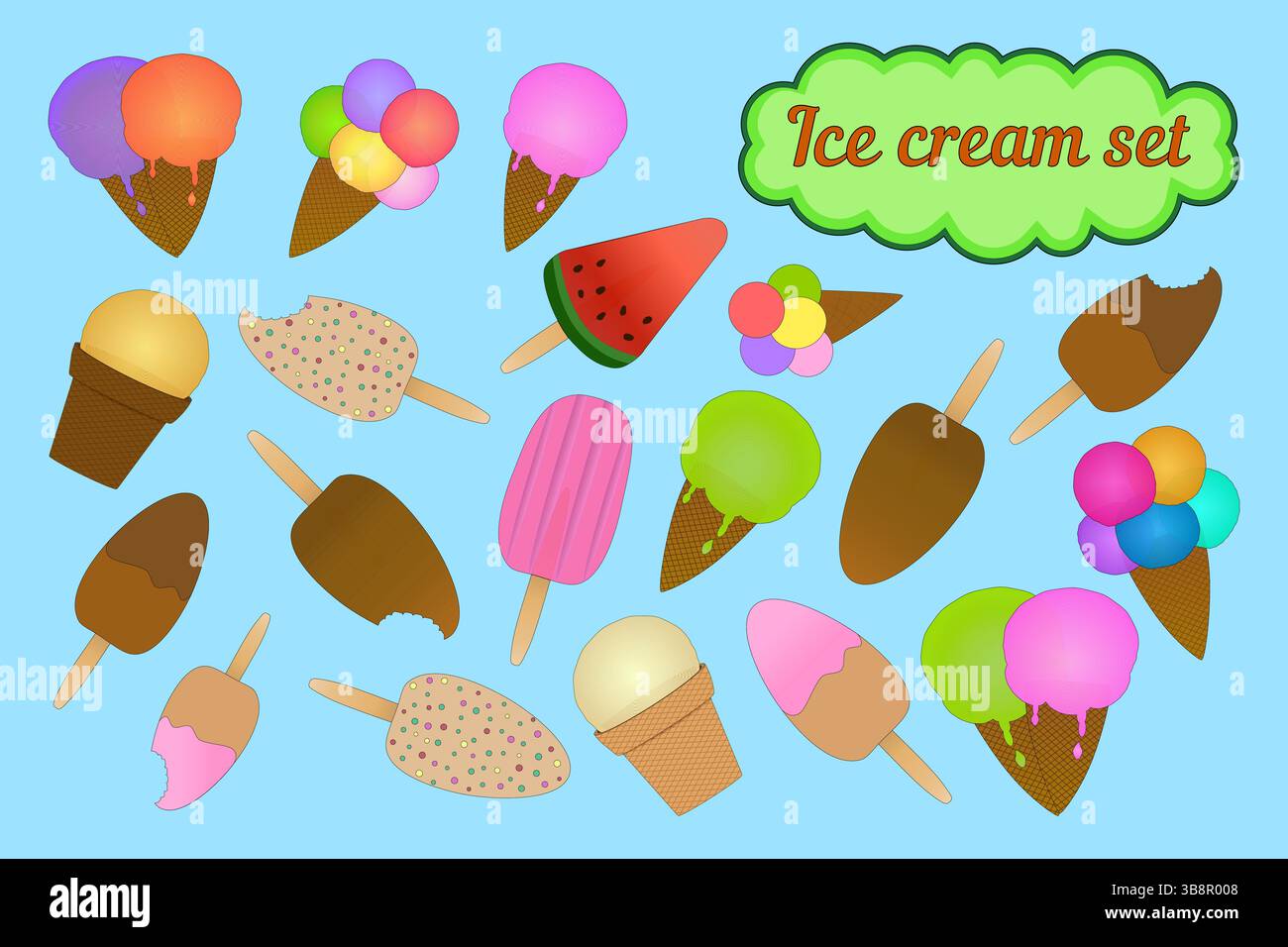 Ensemble de crème glacée - sur un bâton, dans un cône de gaufre, dans une tasse, et sous la forme de pastèque sur un fond bleu. Crème glacée entière et mordue, avec te Illustration de Vecteur