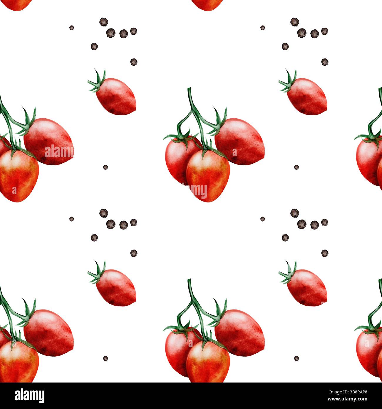 Motif aquarelle tomates. Tomates cerises dessinées à la main sur une branche avec du poivre noir. Idéal pour l'impression textile, pour l'emballage de produits à base de tomates Banque D'Images