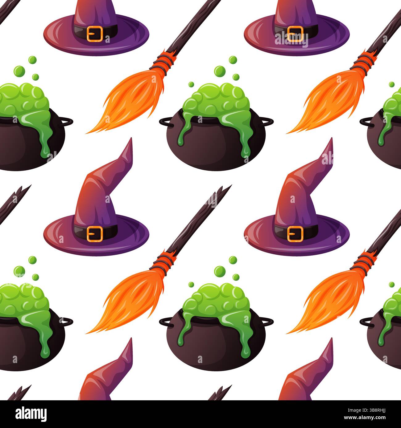 Modèle d'Halloween sans couture avec chapeau de sorcière, balai et chaudron bouillonnant sur fond blanc dans le style de bande dessinée. Parfait pour le papier d'emballage saisonnier et Illustration de Vecteur