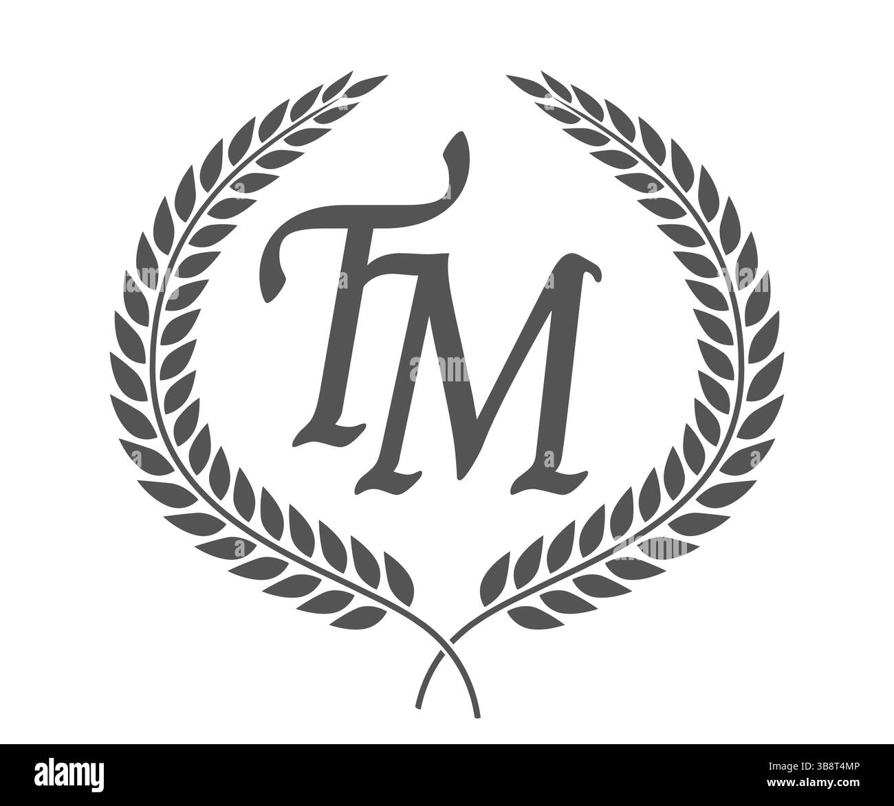 Lettre initiale T et M, logo TM monogramme avec couronne de laurier. Emblème de luxe avec police calligraphie. Illustration de Vecteur