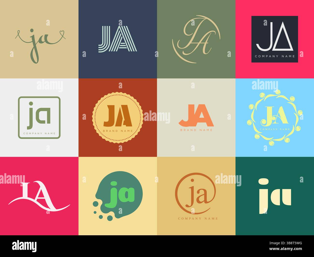 Modèle de société JA logo. Lettre j et un logotype. Définissez différents lettrage serif classique et texte audacieux moderne avec des éléments de design. Typog. Police initiale Illustration de Vecteur