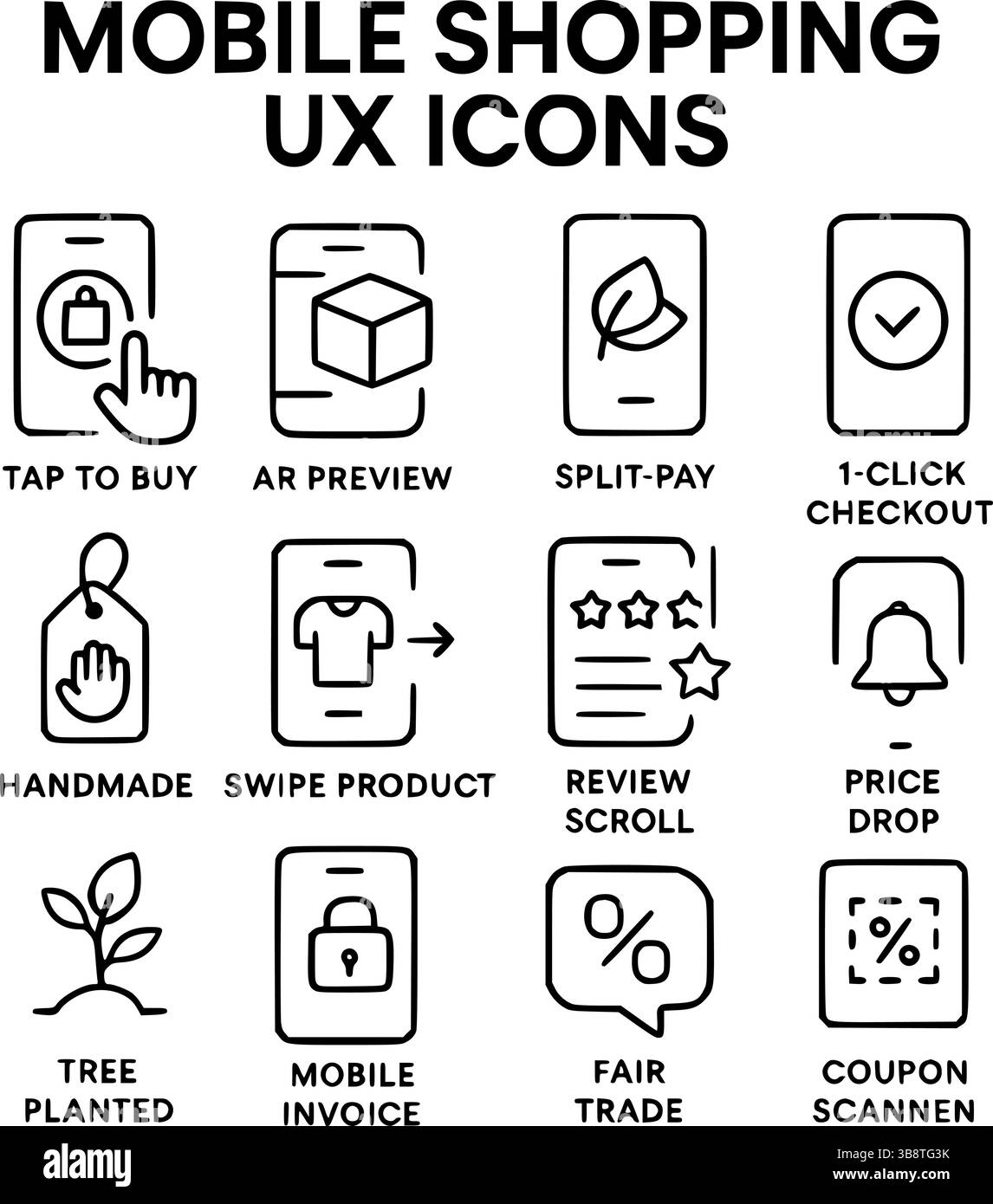 Jeu d'icônes UX Mobile Shopping – icônes de ligne d'expérience utilisateur de l'application E-commerce Illustration de Vecteur