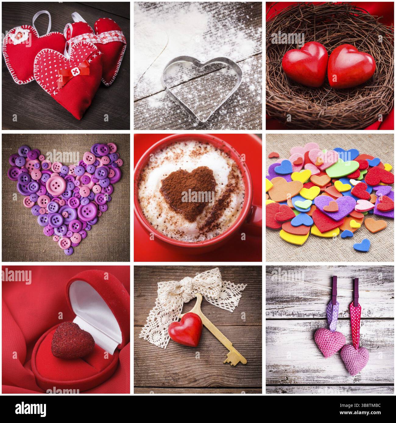 Divers coeurs pour la Saint-Valentin. Décorations de Saint-Valentin. Collage de neuf photos Banque D'Images
