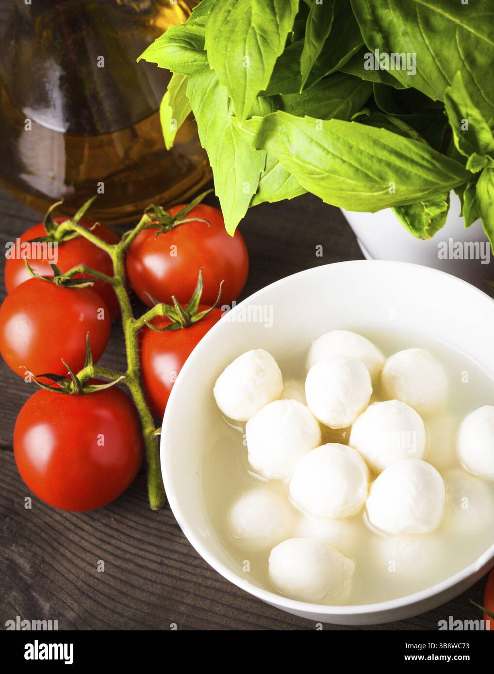 Ingrédients pour salade caprese : tomate, mozzarella, basilic frais, huile d'olive, épices Banque D'Images Ingrédients pour salade caprese : tomate, mozzarella, basilic frais, huile d'olive, épices Banque D'Images
