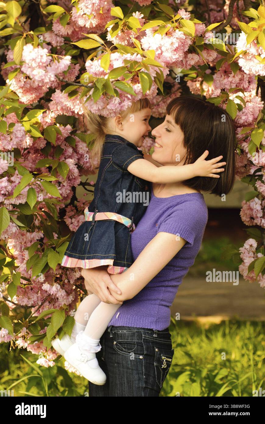 Mère et fille dans le jardin, sous l'arbre sakura. Ressort Banque D'Images